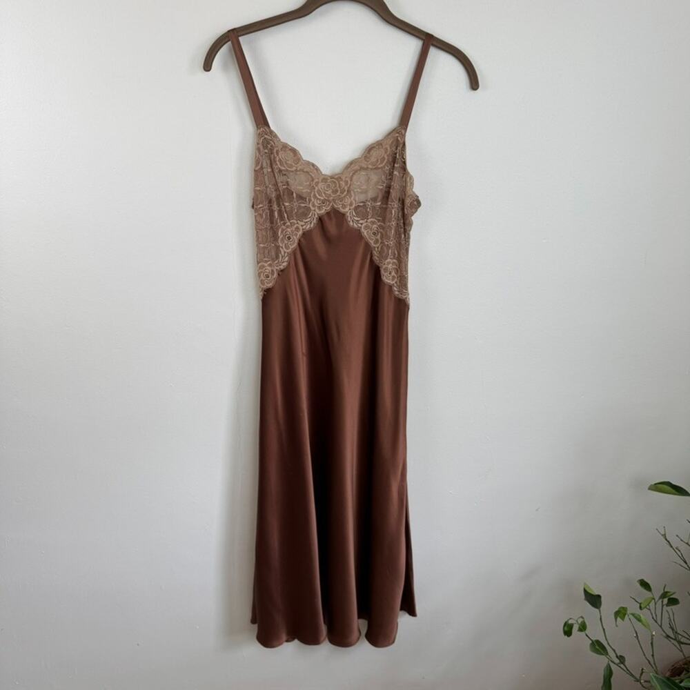 VTG Y2K Leigh Bantivoglio Silk M Brown Slip Dress Lace Slinky Whimsigoth Fairy